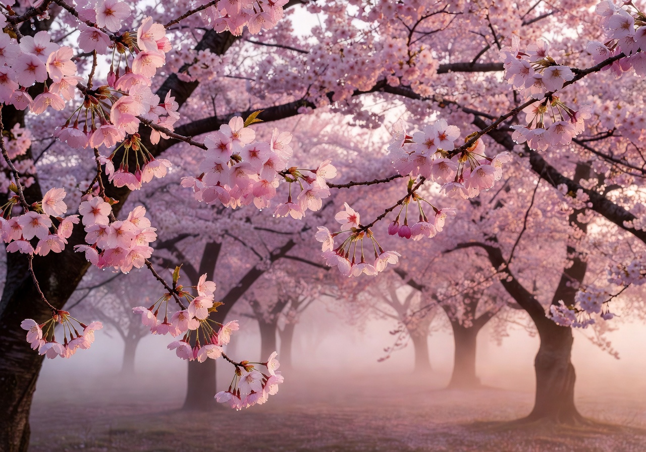 Beautiful Japanese Sakura Cherry Blossoms with pink petals glowing under morning mist