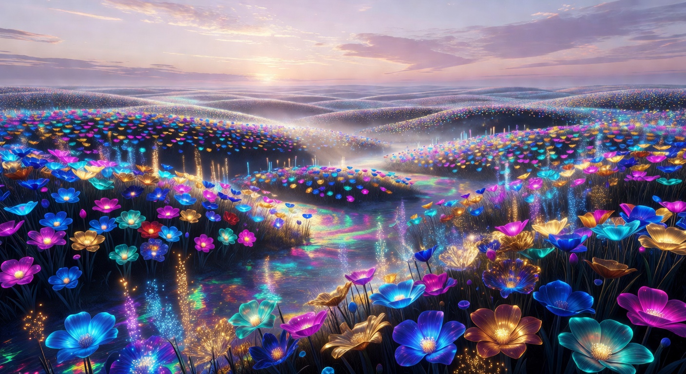 Breathtaking visual rendering of the Wirearzel digital botanical park featuring thousands of glowing, multicolored flower fields under a morning sky