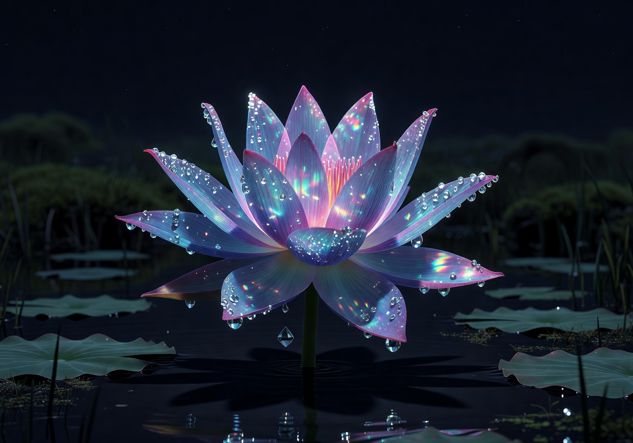 Exotic, luminescent night-blooming lotus glistening with digital crystal droplets