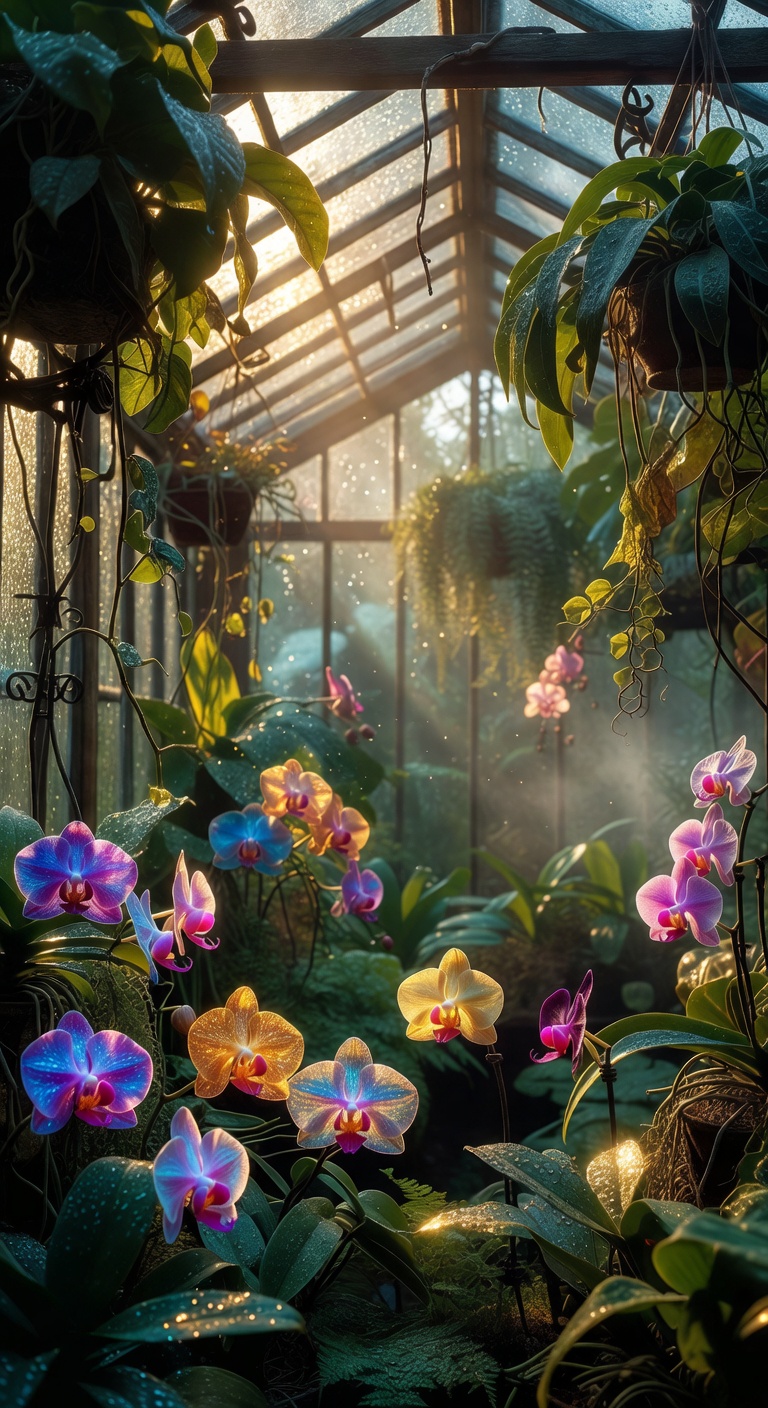Lush, magical greenhouse with golden sunlight streaming through hanging plants and exotic blooming orchids