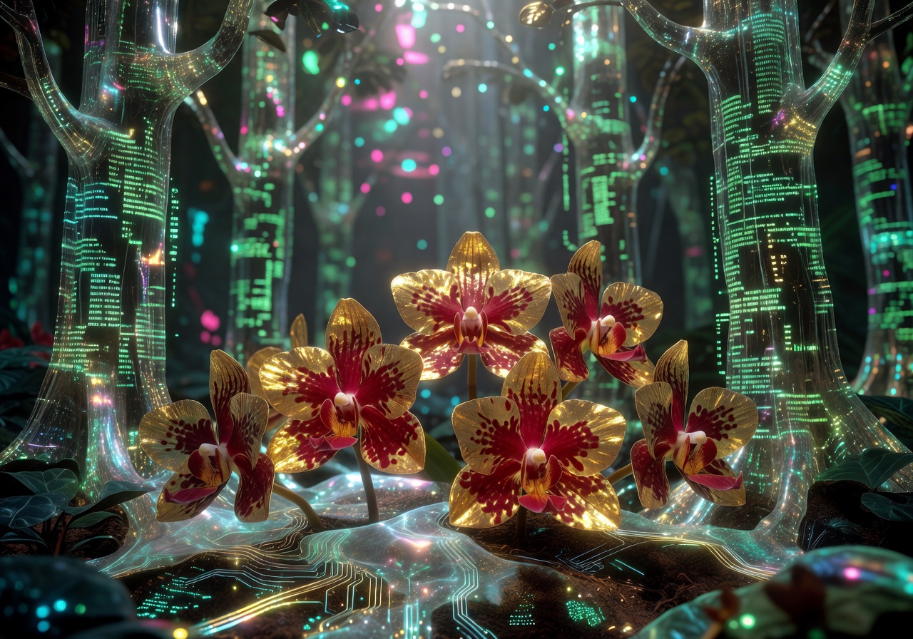 Vibrant rare gold and red orchids thriving in a protected virtual forest setting